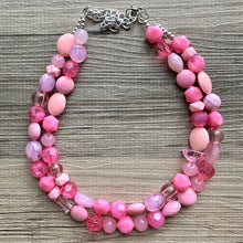Load image into Gallery viewer, Pink on pink Necklace, Double strand pink jewelry, big beaded chunky statement necklace, blush necklace, bib baby pink vacation collar