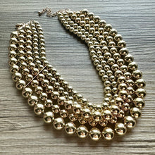 Load image into Gallery viewer, Gold Mirror chunky collar statement necklace, big beaded jewelry gifts for women bib jewelry 5 strand metallic acrylic resin gold shiny