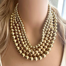 Load image into Gallery viewer, Gold Mirror chunky collar statement necklace, big beaded jewelry gifts for women bib jewelry 5 strand metallic acrylic resin gold shiny
