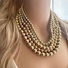 Load image into Gallery viewer, Gold Mirror chunky collar statement necklace, big beaded jewelry gifts for women bib jewelry 5 strand metallic acrylic resin gold shiny