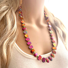 Load image into Gallery viewer, Summer Bonfire Necklace, Long Statement Jewelry, Chunky bib bridesmaid everyday jewelry gold pink orange red metallic OOAK