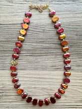 Load image into Gallery viewer, Summer Bonfire Necklace, Long Statement Jewelry, Chunky bib bridesmaid everyday jewelry gold pink orange red metallic OOAK