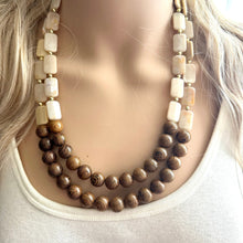 Load image into Gallery viewer, 2 Strand Wood & Tan Beaded Necklace, brown Jewelry Chunky statement necklace, big beaded necklace jewelry, natural smooth wood