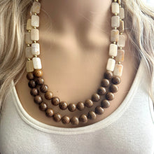 Load image into Gallery viewer, 2 Strand Wood & Tan Beaded Necklace, brown Jewelry Chunky statement necklace, big beaded necklace jewelry, natural smooth wood