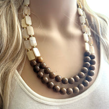 Load image into Gallery viewer, 2 Strand Wood & Tan Beaded Necklace, brown Jewelry Chunky statement necklace, big beaded necklace jewelry, natural smooth wood