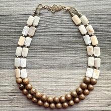 Load image into Gallery viewer, 2 Strand Wood & Tan Beaded Necklace, brown Jewelry Chunky statement necklace, big beaded necklace jewelry, natural smooth wood