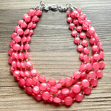 Load image into Gallery viewer, Bubble Pink Statement Necklace, Hot Pink Coral chunky bib beaded jewelry, color block wedding bridesmaid acrylic bib earrings set 5 strand