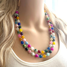 Load image into Gallery viewer, Polished Agate Genuine GemStone Necklace rainbow, silver statement necklace jewelry, long beaded statement layering beaded stone colorful
