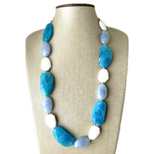 Load image into Gallery viewer, Long Beach Statement Necklace, Chunky Beaded Necklace, aqua light blue Jewelry, long necklace, bead white earrings geometric periwinkle