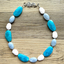Load image into Gallery viewer, Long Beach Statement Necklace, Chunky Beaded Necklace, aqua light blue Jewelry, long necklace, bead white earrings geometric periwinkle
