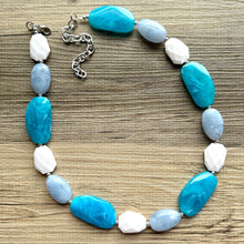 Load image into Gallery viewer, Long Beach Statement Necklace, Chunky Beaded Necklace, aqua light blue Jewelry, long necklace, bead white earrings geometric periwinkle
