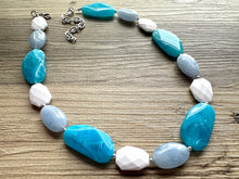 Load image into Gallery viewer, Long Beach Statement Necklace, Chunky Beaded Necklace, aqua light blue Jewelry, long necklace, bead white earrings geometric periwinkle
