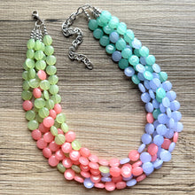Load image into Gallery viewer, Newport Beach Resort Statement Necklace, Chunky 5 Strand Jewelry, purple coral blue necklace, bib beaded collar green bead periwinkle