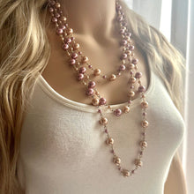 Load image into Gallery viewer, Long Champagne graduated ball beaded necklace, gold statement necklace jewelry set, gold ball earrings, layering necklace, purple pearl bead