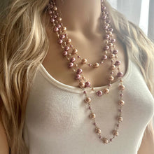 Load image into Gallery viewer, Long Champagne graduated ball beaded necklace, gold statement necklace jewelry set, gold ball earrings, layering necklace, purple pearl bead
