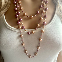Load image into Gallery viewer, Long Champagne graduated ball beaded necklace, gold statement necklace jewelry set, gold ball earrings, layering necklace, purple pearl bead