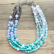Load image into Gallery viewer, First Snow Of Fall Statement Necklace, Chunky 5 Strand Jewelry, gray white blue necklace, bib beaded collar bead periwinkle sky aqua