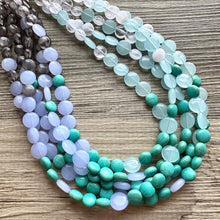 Load image into Gallery viewer, First Snow Of Fall Statement Necklace, Chunky 5 Strand Jewelry, gray white blue necklace, bib beaded collar bead periwinkle sky aqua