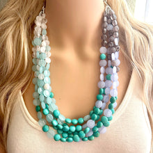 Load image into Gallery viewer, First Snow Of Fall Statement Necklace, Chunky 5 Strand Jewelry, gray white blue necklace, bib beaded collar bead periwinkle sky aqua