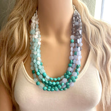 Load image into Gallery viewer, First Snow Of Fall Statement Necklace, Chunky 5 Strand Jewelry, gray white blue necklace, bib beaded collar bead periwinkle sky aqua