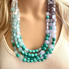 Load image into Gallery viewer, First Snow Of Fall Statement Necklace, Chunky 5 Strand Jewelry, gray white blue necklace, bib beaded collar bead periwinkle sky aqua