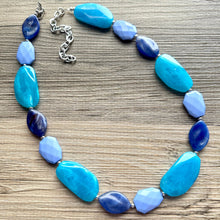 Load image into Gallery viewer, Long Shore Statement Necklace, Chunky Beaded Necklace, aqua light blue Jewelry, long necklace, bead white earrings geometric periwinkle