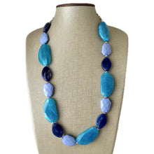 Load image into Gallery viewer, Long Shore Statement Necklace, Chunky Beaded Necklace, aqua light blue Jewelry, long necklace, bead white earrings geometric periwinkle