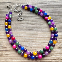Load image into Gallery viewer, Polished Agate Genuine GemStone Necklace rainbow, silver statement necklace jewelry, long beaded statement layering beaded stone colorful
