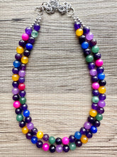 Load image into Gallery viewer, Polished Agate Genuine GemStone Necklace rainbow, silver statement necklace jewelry, long beaded statement layering beaded stone colorful