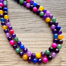 Load image into Gallery viewer, Polished Agate Genuine GemStone Necklace rainbow, silver statement necklace jewelry, long beaded statement layering beaded stone colorful