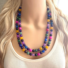 Load image into Gallery viewer, Polished Agate Genuine GemStone Necklace rainbow, silver statement necklace jewelry, long beaded statement layering beaded stone colorful