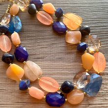 Load image into Gallery viewer, Summer Peach & Blueberry Necklace, multi strand colorful jewelry, big beaded chunky statement necklace, navy blue necklace, coral jewelry