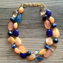 Load image into Gallery viewer, Summer Peach & Blueberry Necklace, multi strand colorful jewelry, big beaded chunky statement necklace, navy blue necklace, coral jewelry