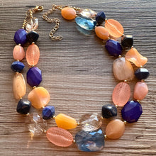 Load image into Gallery viewer, Summer Peach & Blueberry Necklace, multi strand colorful jewelry, big beaded chunky statement necklace, navy blue necklace, coral jewelry