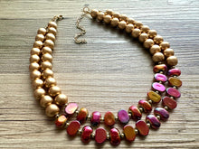 Load image into Gallery viewer, Golden Bonfire Necklace, 2 Strand Statement Jewelry, Chunky bib bridesmaid everyday jewelry gold pink orange red metallic OOAK metallic