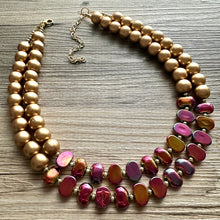 Load image into Gallery viewer, Golden Bonfire Necklace, 2 Strand Statement Jewelry, Chunky bib bridesmaid everyday jewelry gold pink orange red metallic OOAK metallic