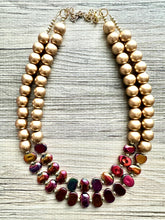 Load image into Gallery viewer, Golden Bonfire Necklace, 2 Strand Statement Jewelry, Chunky bib bridesmaid everyday jewelry gold pink orange red metallic OOAK metallic