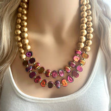 Load image into Gallery viewer, Golden Bonfire Necklace, 2 Strand Statement Jewelry, Chunky bib bridesmaid everyday jewelry gold pink orange red metallic OOAK metallic