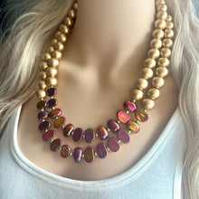 Load image into Gallery viewer, Golden Bonfire Necklace, 2 Strand Statement Jewelry, Chunky bib bridesmaid everyday jewelry gold pink orange red metallic OOAK metallic