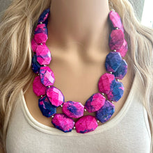 Load image into Gallery viewer, Gender Reveal Party Necklace, Pink and Blue Double Layer statement necklace, chunky bib necklace, party gift jewelry, baby shower necklace