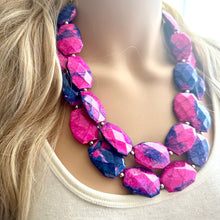 Load image into Gallery viewer, Gender Reveal Party Necklace, Pink and Blue Double Layer statement necklace, chunky bib necklace, party gift jewelry, baby shower necklace