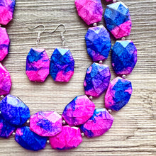 Load image into Gallery viewer, Gender Reveal Party Necklace, Pink and Blue Double Layer statement necklace, chunky bib necklace, party gift jewelry, baby shower necklace