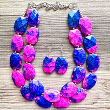 Load image into Gallery viewer, Gender Reveal Party Necklace, Pink and Blue Double Layer statement necklace, chunky bib necklace, party gift jewelry, baby shower necklace