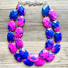 Load image into Gallery viewer, Gender Reveal Party Necklace, Pink and Blue Double Layer statement necklace, chunky bib necklace, party gift jewelry, baby shower necklace