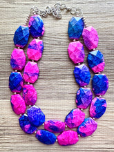 Load image into Gallery viewer, Gender Reveal Party Necklace, Pink and Blue Double Layer statement necklace, chunky bib necklace, party gift jewelry, baby shower necklace