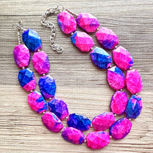 Load image into Gallery viewer, Gender Reveal Party Necklace, Pink and Blue Double Layer statement necklace, chunky bib necklace, party gift jewelry, baby shower necklace