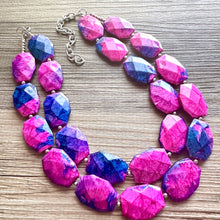 Load image into Gallery viewer, Gender Reveal Party Necklace, Pink and Blue Double Layer statement necklace, chunky bib necklace, party gift jewelry, baby shower necklace