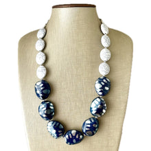 Load image into Gallery viewer, Vintage Navy & Silver Beaded long necklace, white shiny beaded statement necklace, everyday chunky layering single strand gray bead