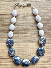 Load image into Gallery viewer, Vintage Navy & Silver Beaded long necklace, white shiny beaded statement necklace, everyday chunky layering single strand gray bead