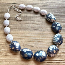 Load image into Gallery viewer, Vintage Navy & Silver Beaded long necklace, white shiny beaded statement necklace, everyday chunky layering single strand gray bead